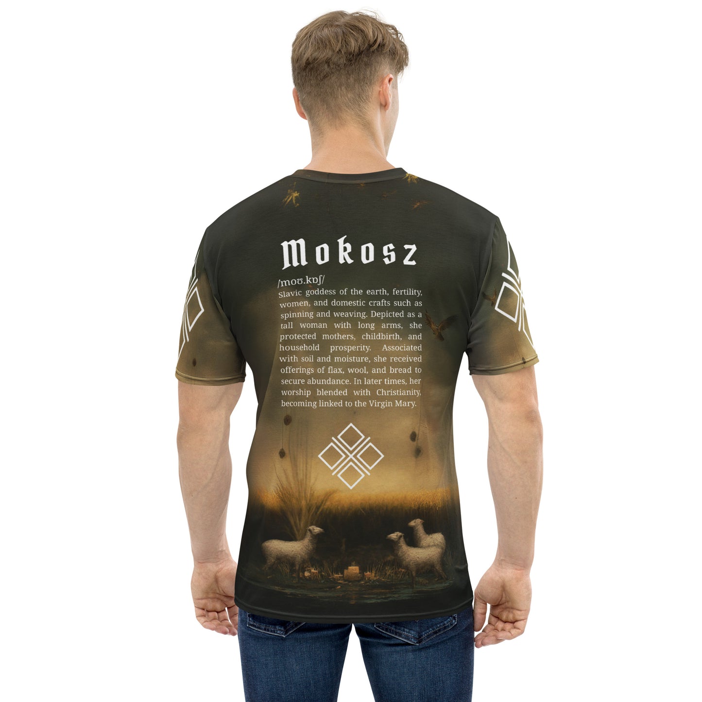 Mokosz Slavic Goddess T-Shirt – Men’s All-Over Print Mythology Tee with Bestiary Back Design