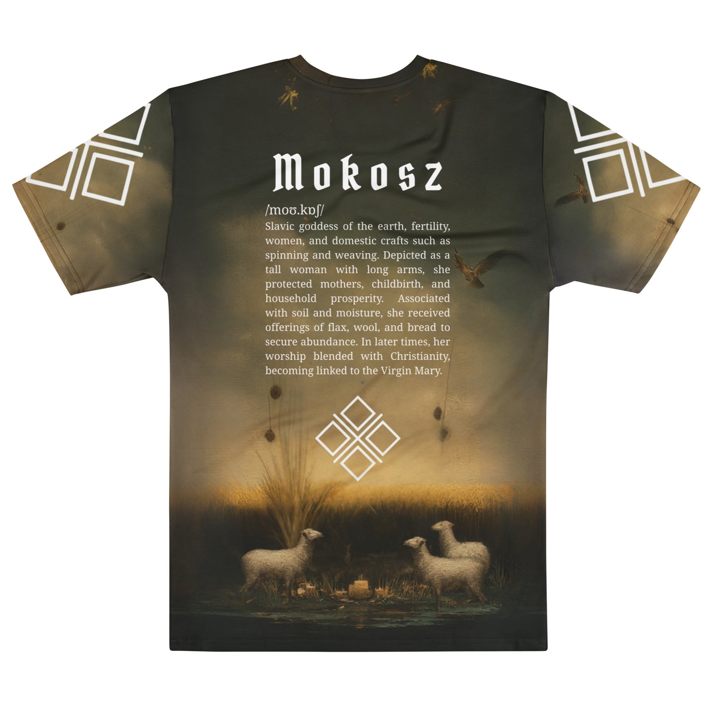 Mokosz Slavic Goddess T-Shirt – Men’s All-Over Print Mythology Tee with Bestiary Back Design