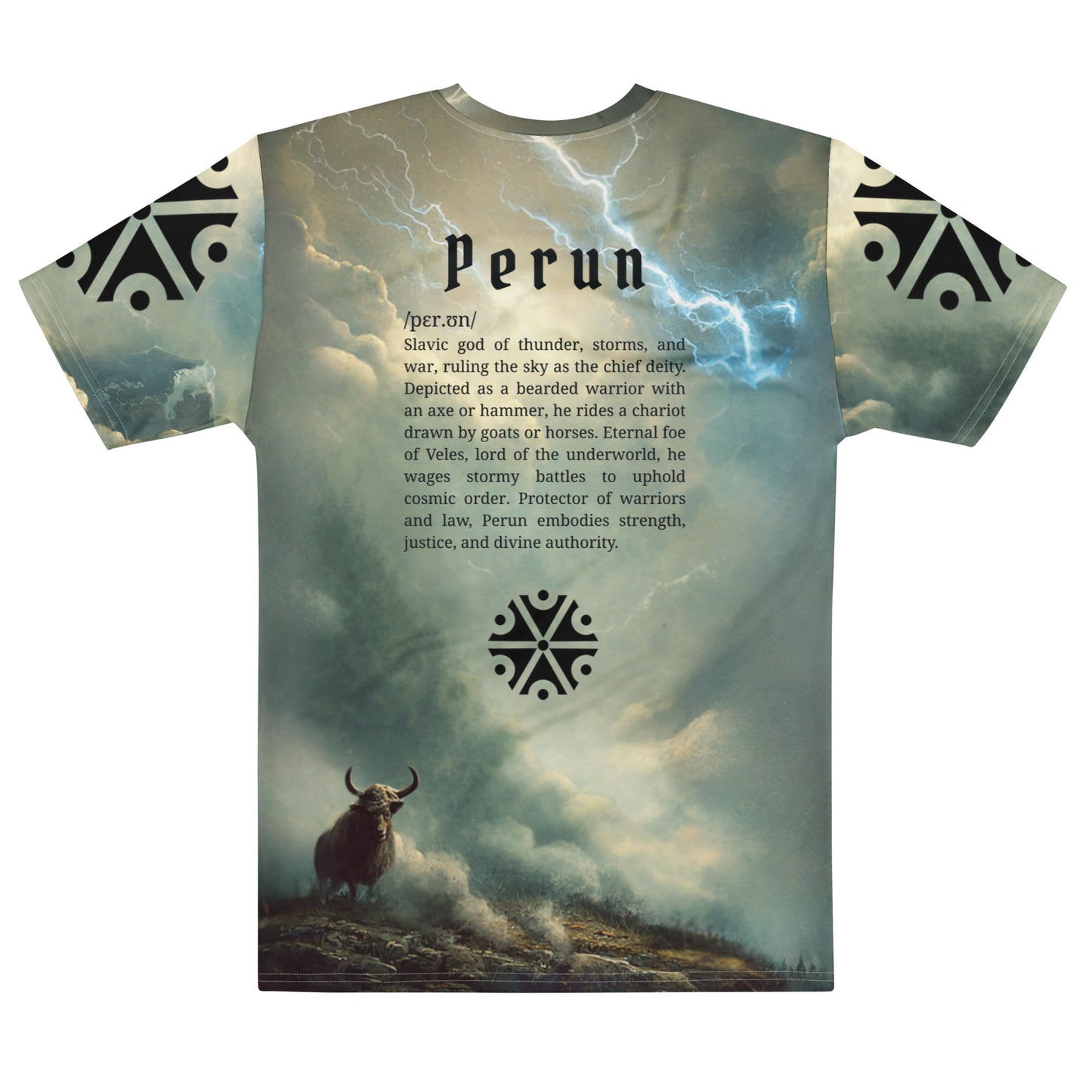 Perun Slavic God T-Shirt – Men’s All-Over Print Mythology Tee with Bestiary Back Design