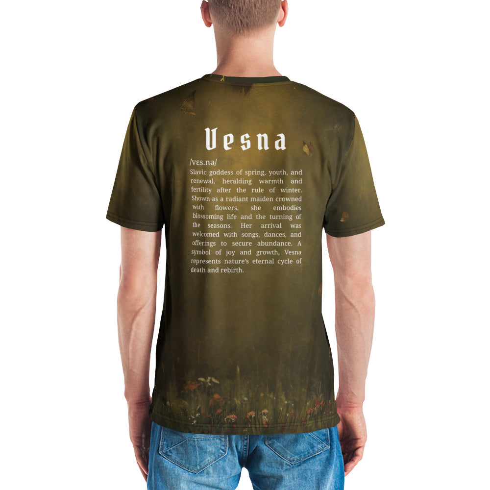 Vesna Slavic Goddess T-Shirt – Men’s All-Over Print Mythology Tee with Bestiary Back Design