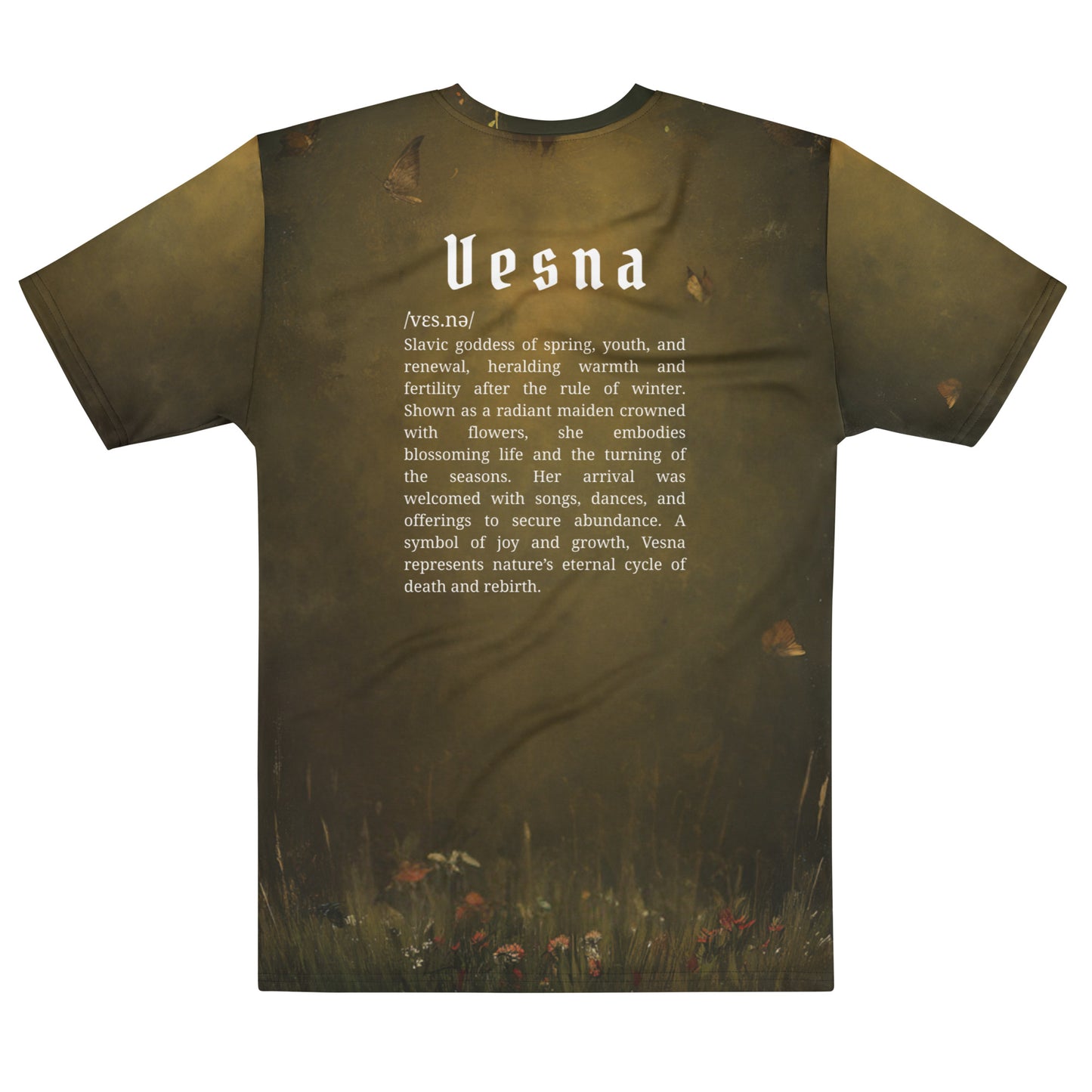 Vesna Slavic Goddess T-Shirt – Men’s All-Over Print Mythology Tee with Bestiary Back Design
