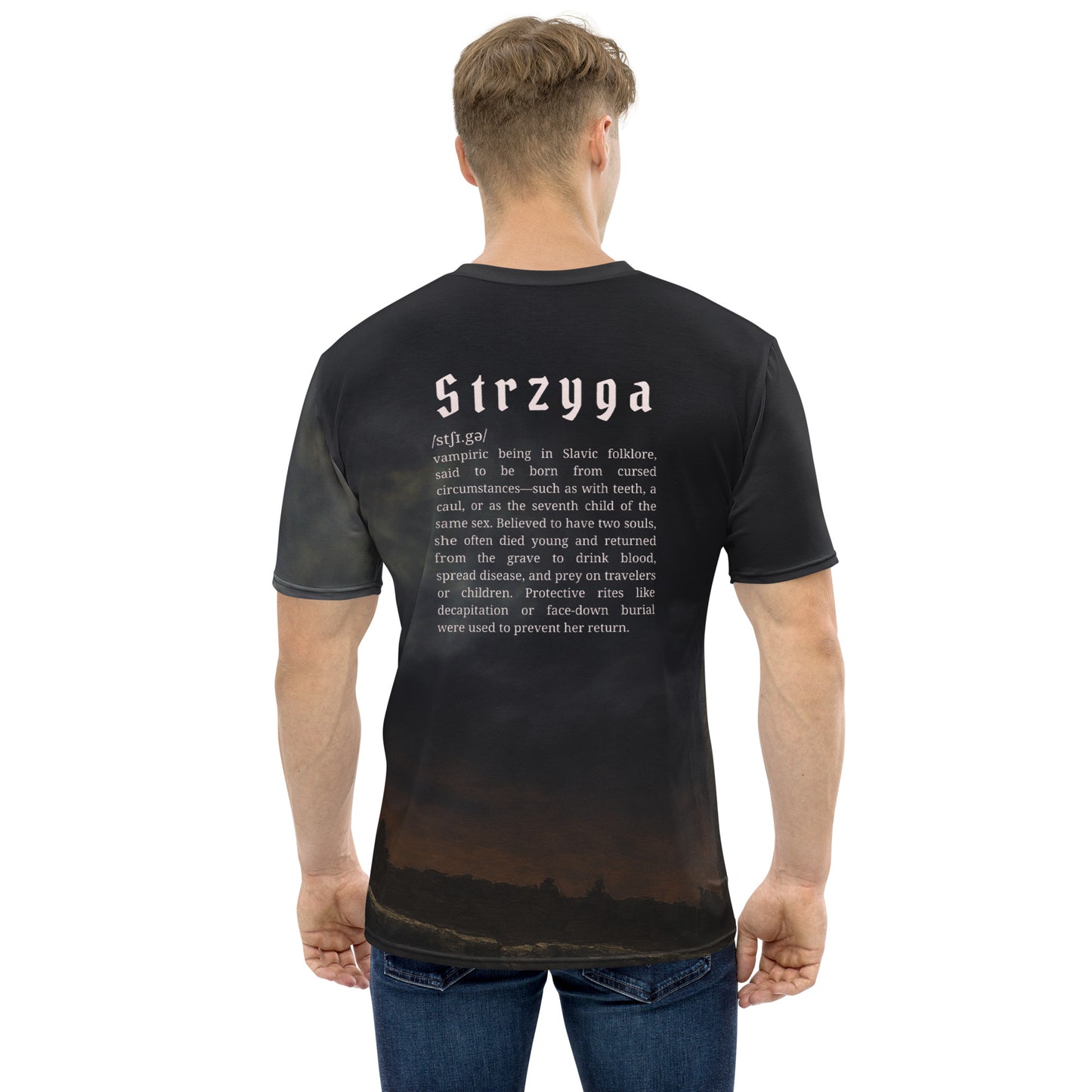 Strzyga Slavic Creature T-Shirt – Men’s All-Over Print Mythology Tee with Bestiary Back Design