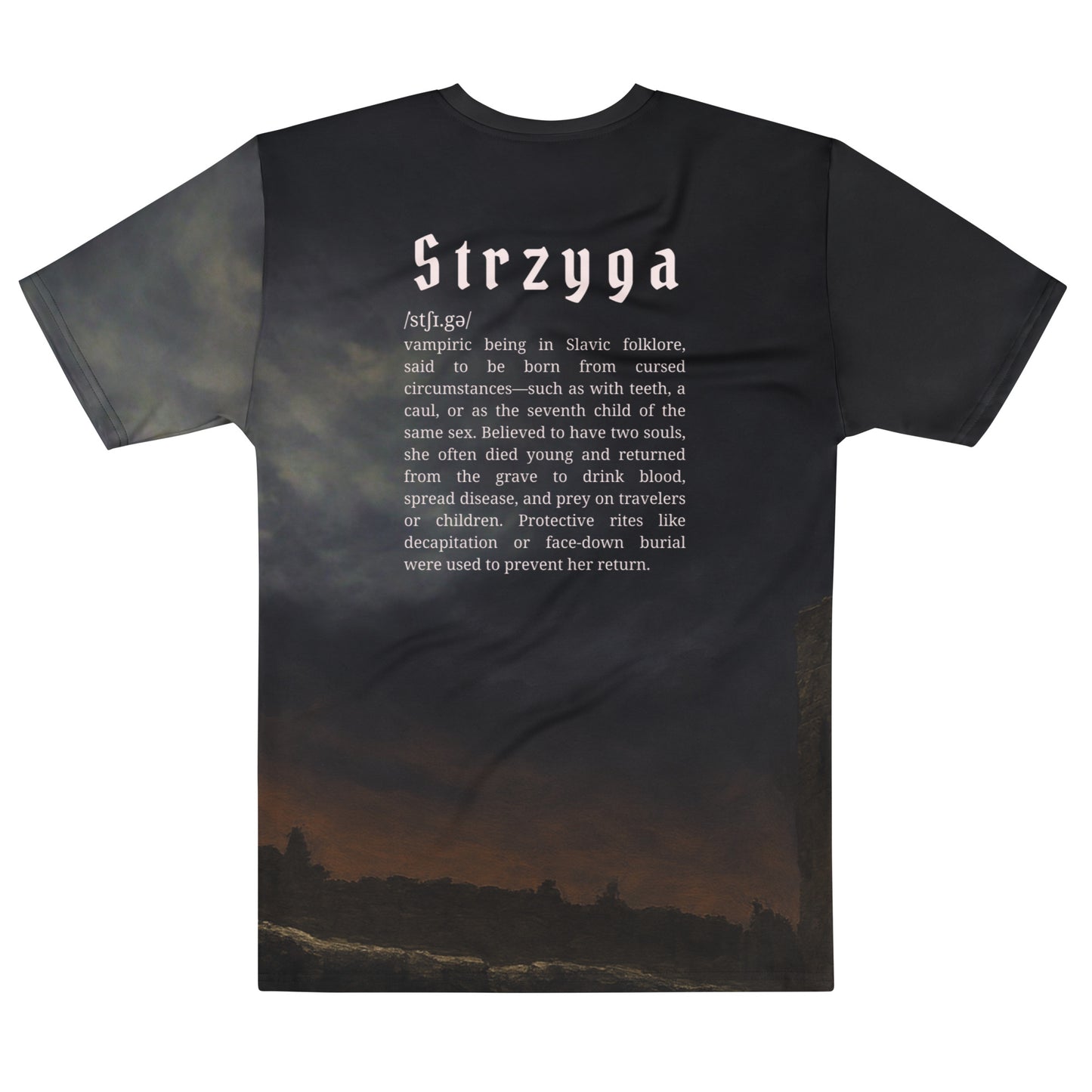 Strzyga Slavic Creature T-Shirt – Men’s All-Over Print Mythology Tee with Bestiary Back Design