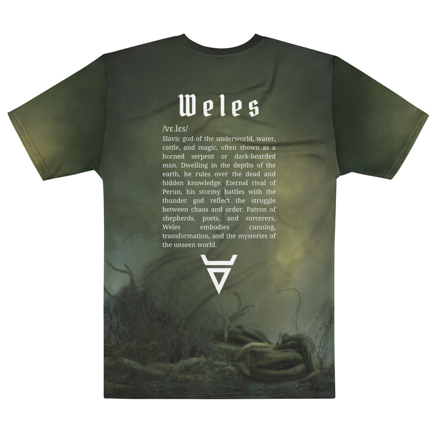 Weles Slavic God T-Shirt – Men’s All-Over Print Mythology Tee with Bestiary Back Design