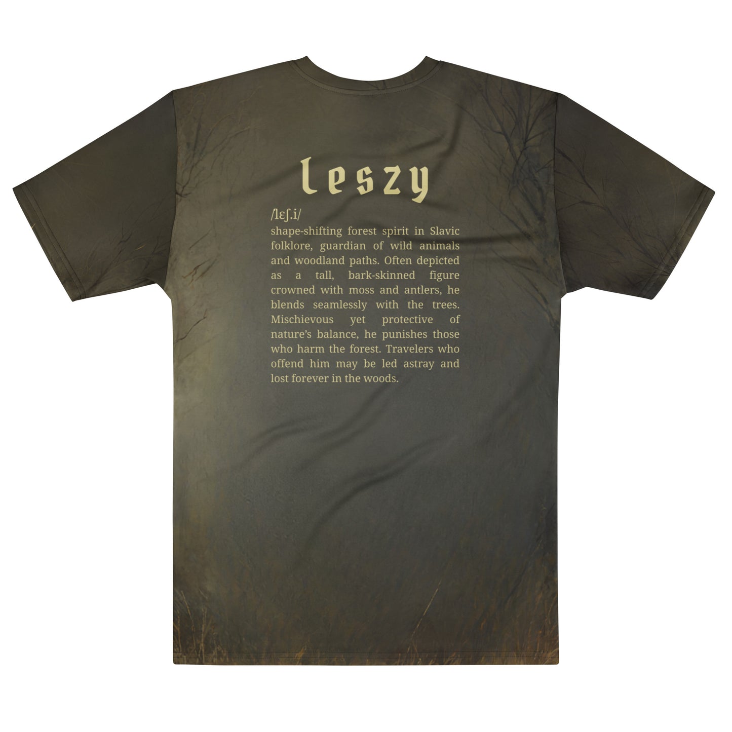 Leszy Slavic Spirit T-Shirt – Men’s All-Over Print Mythology Tee with Bestiary Back Design