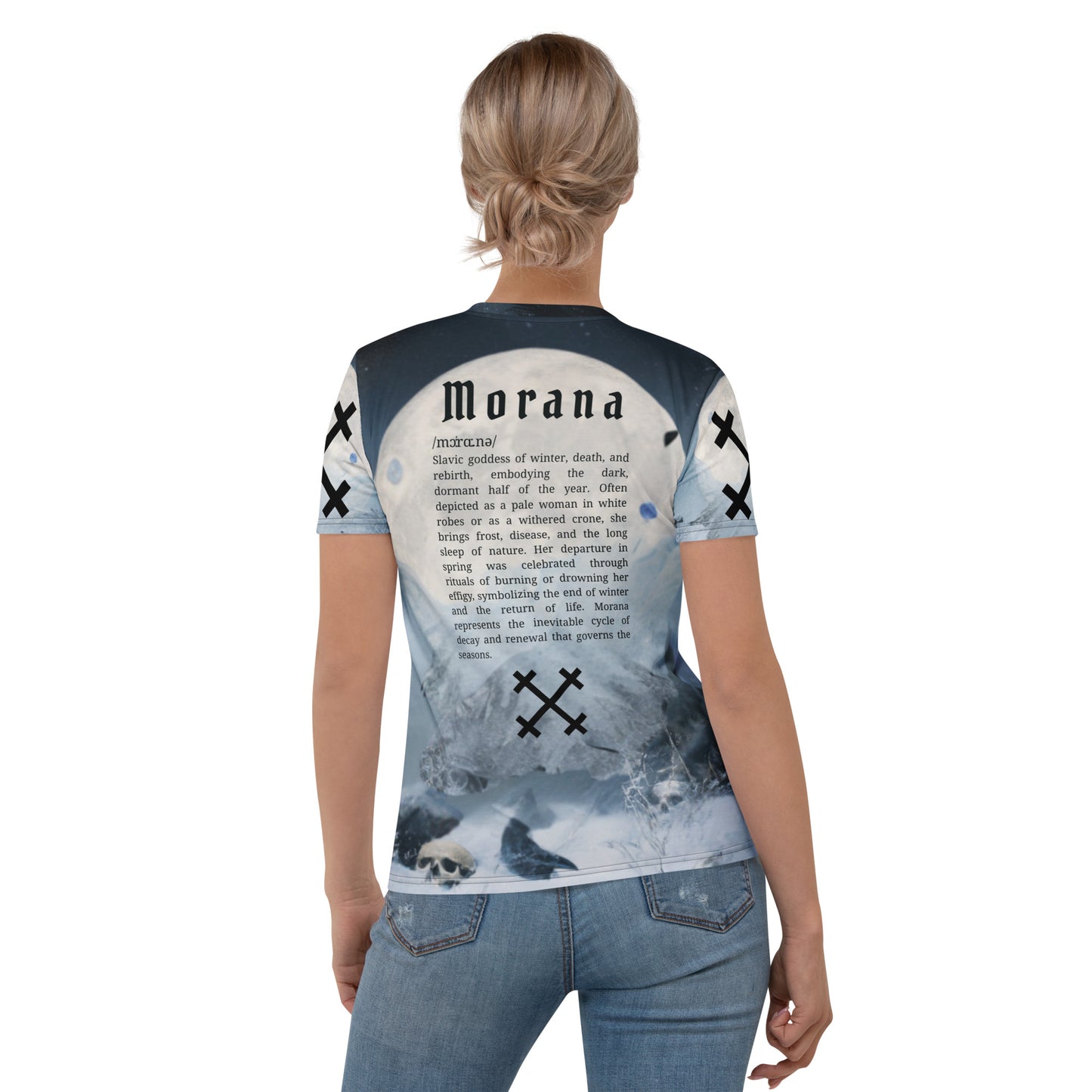 Morana Slavic Goddess Women’s T-Shirt – All-Over Print Mythology Tee with Bestiary Back Design