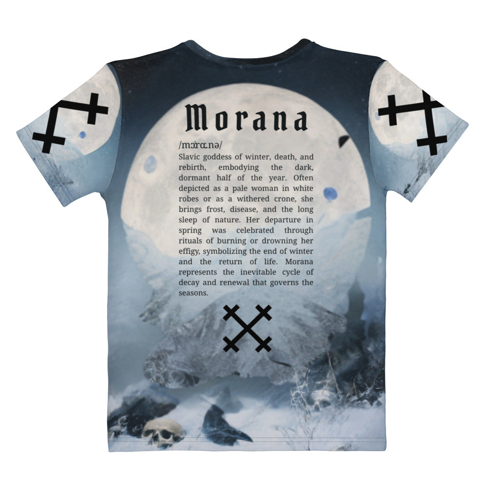 Morana Slavic Goddess Women’s T-Shirt – All-Over Print Mythology Tee with Bestiary Back Design