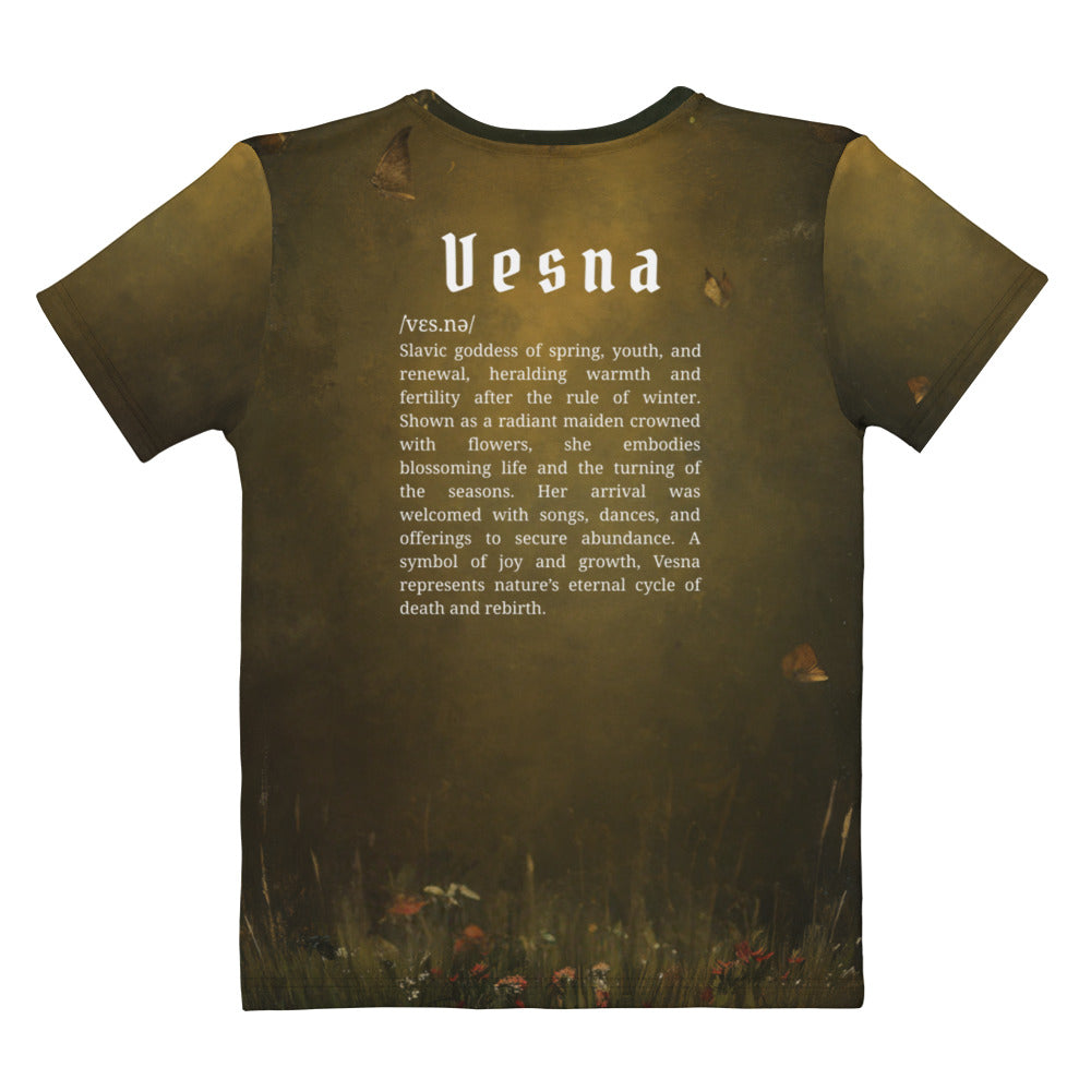 Vesna Slavic Goddess Women’s T-Shirt – All-Over Print Mythology Tee with Bestiary Back Design