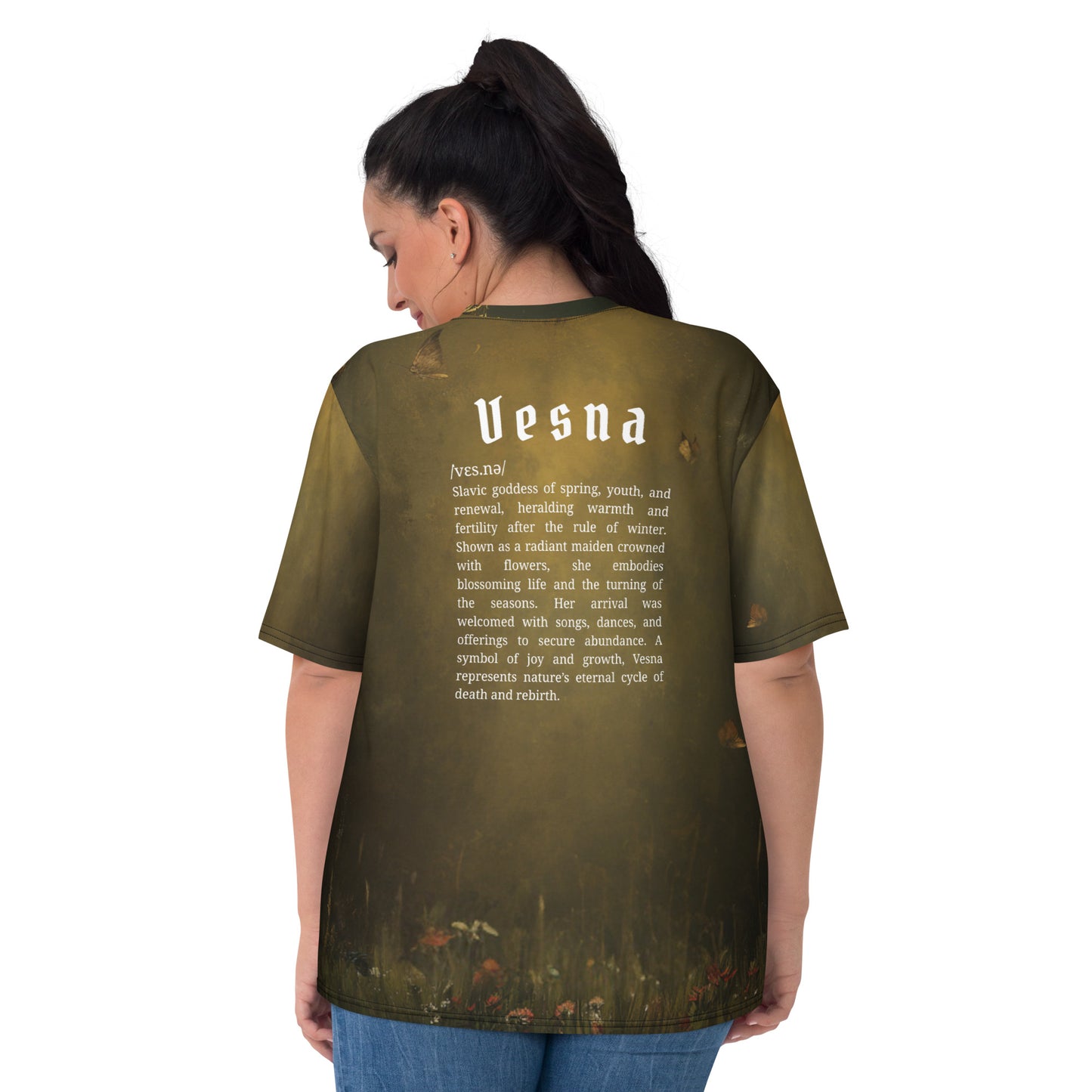 Vesna Slavic Goddess Women’s T-Shirt – All-Over Print Mythology Tee with Bestiary Back Design