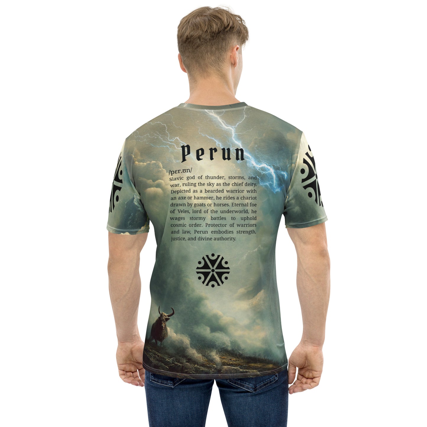 Perun Slavic God T-Shirt – Men’s All-Over Print Mythology Tee with Bestiary Back Design