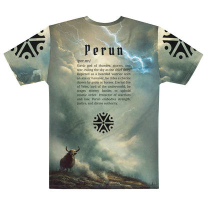 Perun Slavic God T-Shirt – Men’s All-Over Print Mythology Tee with Bestiary Back Design