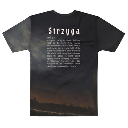 Strzyga Slavic Creature T-Shirt – Men’s All-Over Print Mythology Tee with Bestiary Back Design